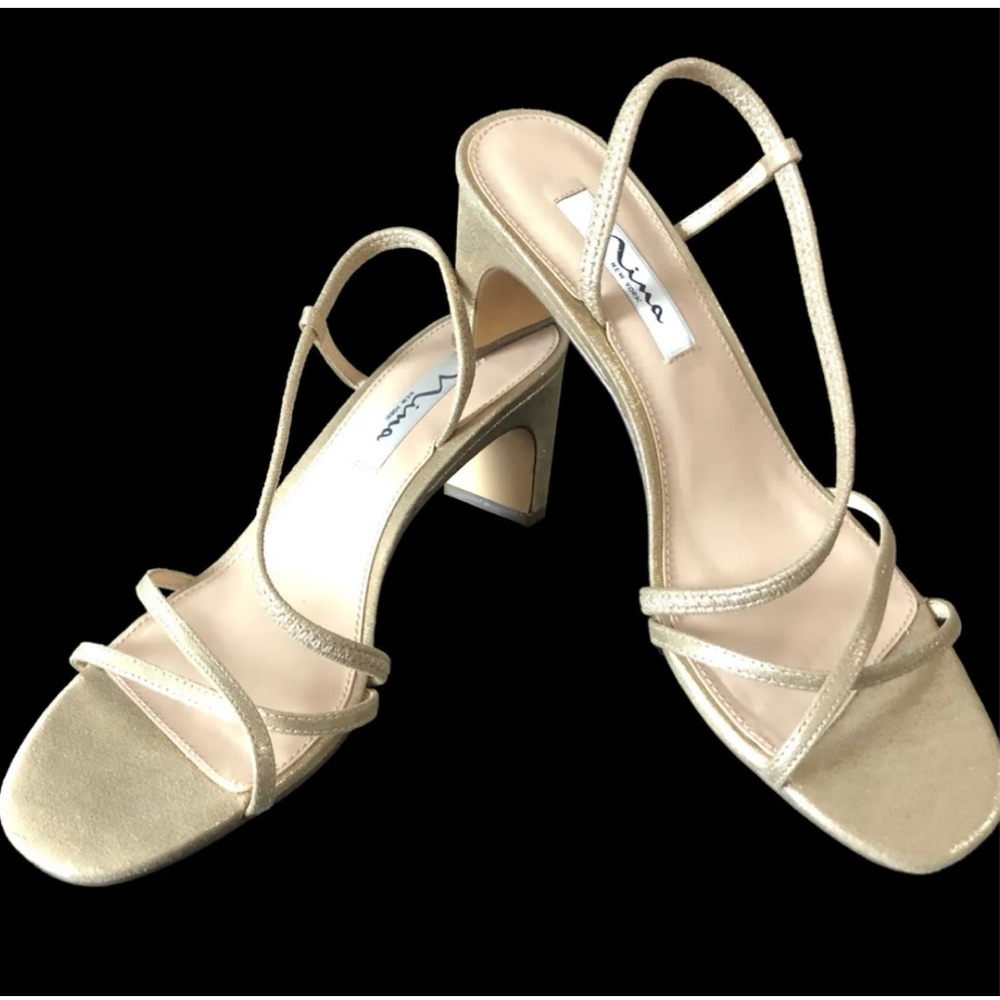NINA New York Heels Gold Metallic Glitter Strappy Open Toe Shoes Womens Size 8.5